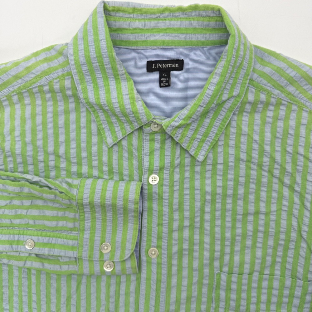 J. Peterman Button Down Men XL Green Blue Striped Seersucker Cotton Casual Shirt